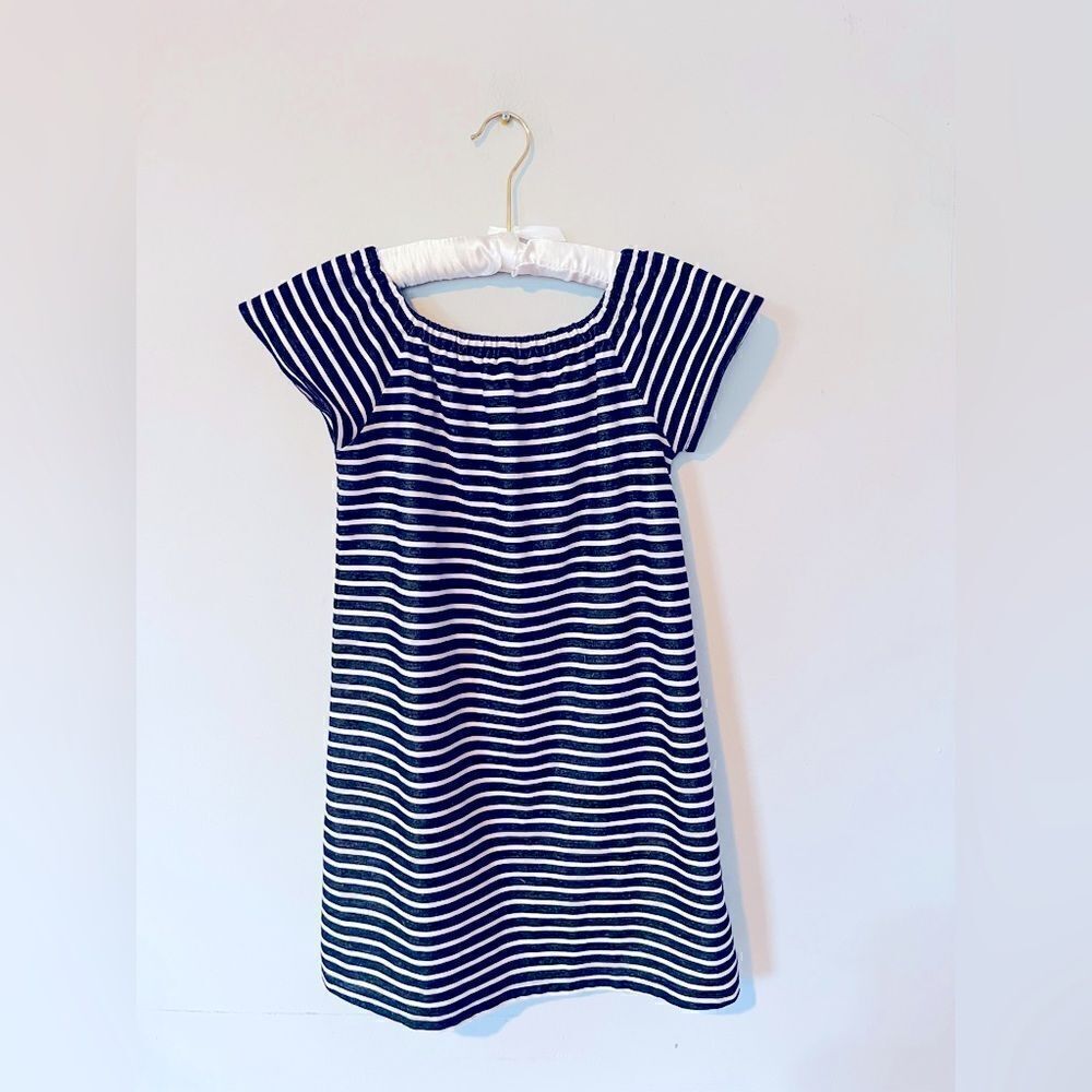 Madewell | navy and white stripe flutter fleece dress | size small